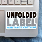 Sticker on a laptop with 'Unfolded Label Resistance Clothing' text. Protest brand.