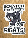 Protests sticker with a cat graphic and text on a wooden surface by Unfolded Label